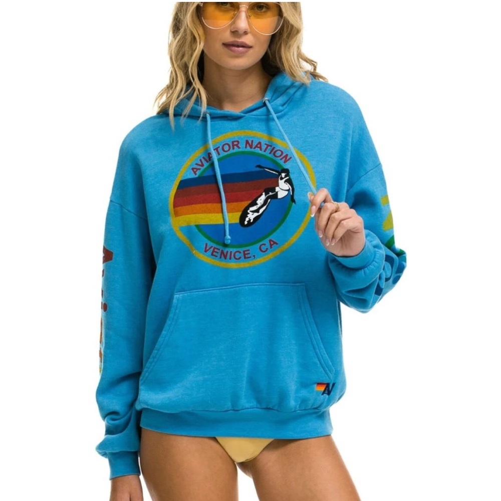 Aviator Nation Sky Blue Hoodie with Rainbow Logo